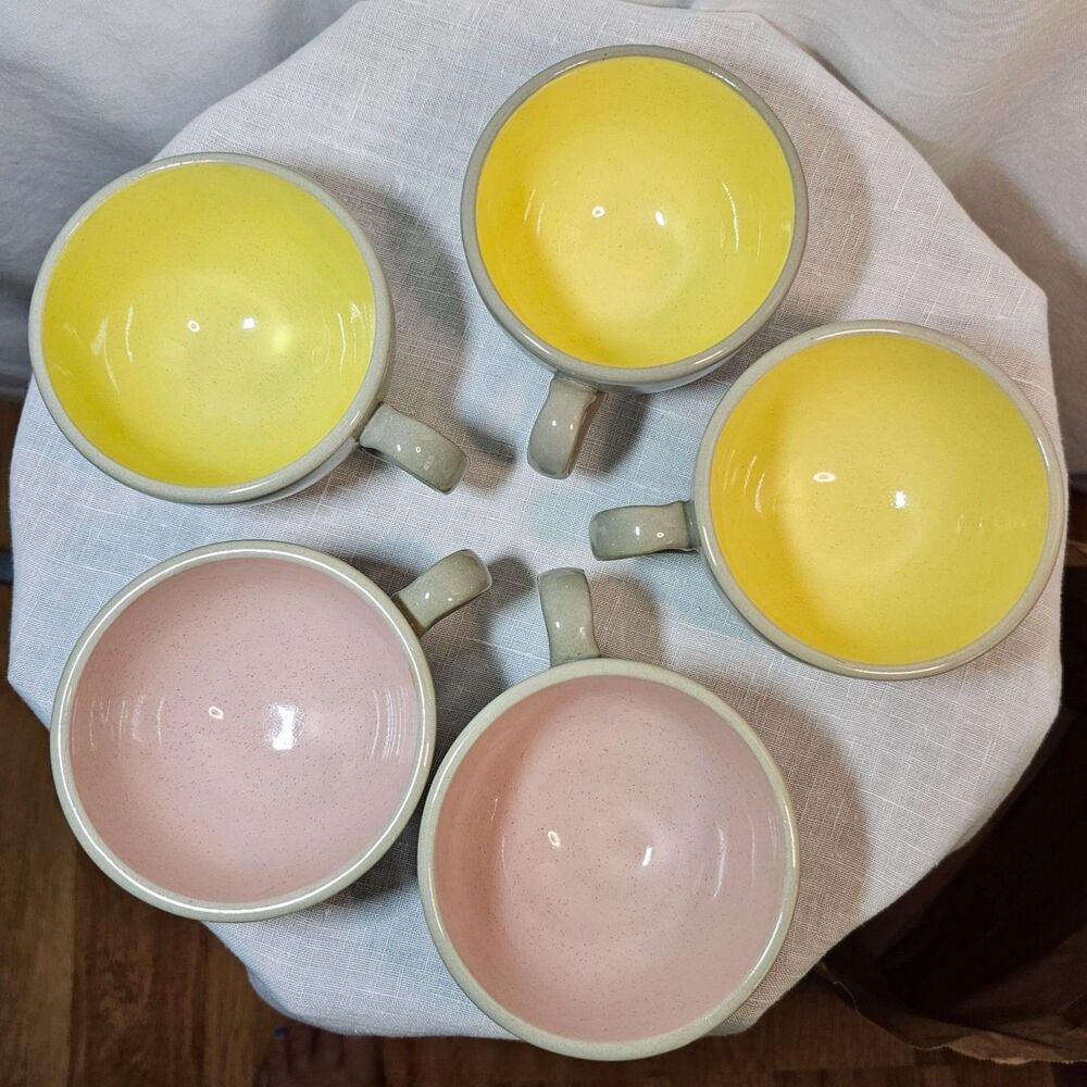 Harkerware Vintage Pottery Cups x5 Gray Pink Yellow 1950's Retro Coffee Tea Mugs